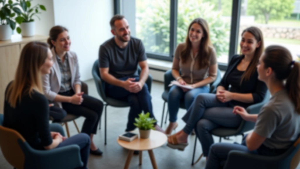 Group discussion circle with participants practicing reflective listening in comfortable seminar room