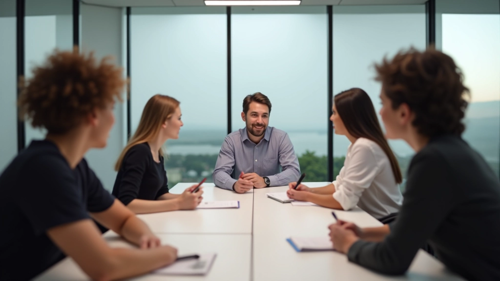 Group of colleagues in team meeting showing positive engagement, open body language, and collaborative atmosphere around wooden table