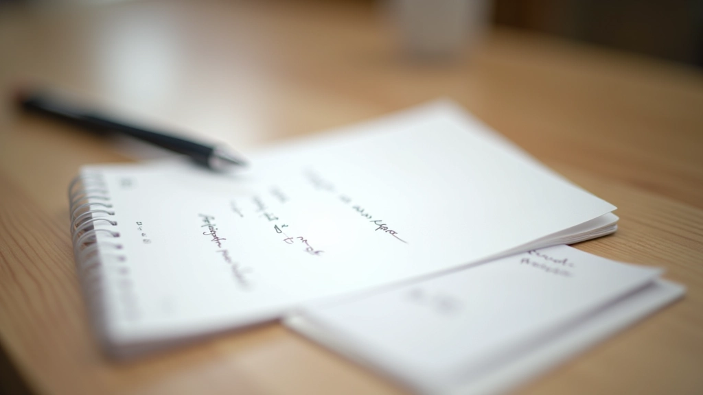 Close-up of notepad with awareness exercises written down, pen nearby