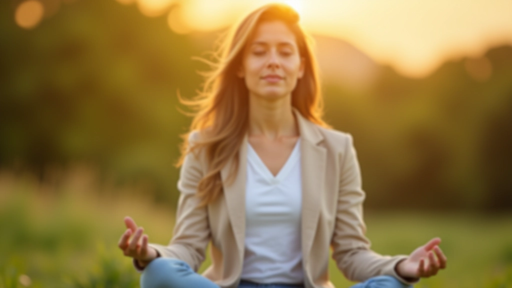 Person practicing meditation or deep breathing exercise in calm natural setting with soft lighting