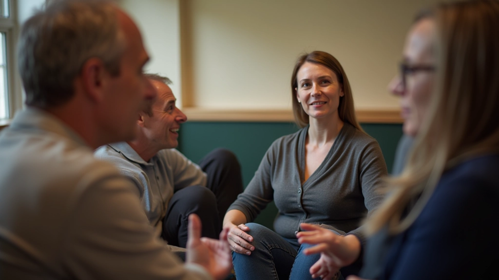 Group of people in a circle during a meaningful conversation workshop, focused expressions showing active engagement