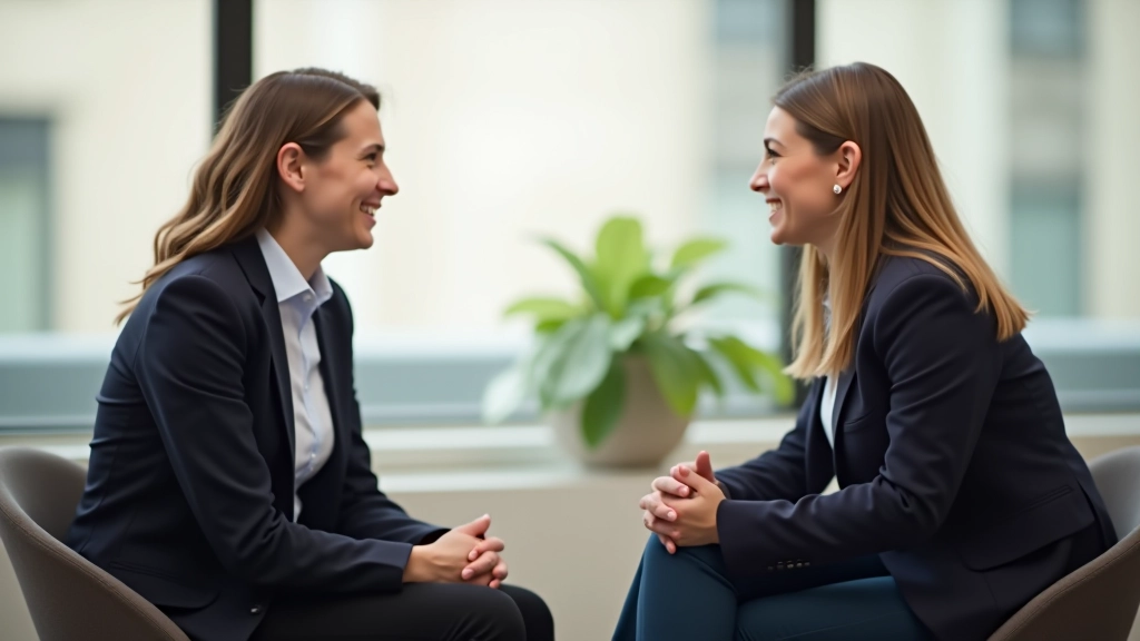 Two colleagues in office environment having a meaningful conversation with visible signs of active engagement and trust