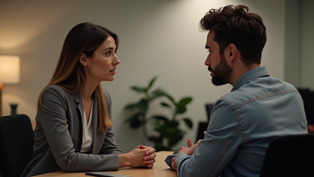 Two people in conversation, one appears frustrated while the other looks distracted